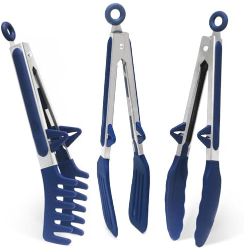 Pinze da Cucina Acciaio Inoxe, 23cm Pinza Barbecue Silicone per Spaghetti Insalata BBQ Carne Pasta, Blu