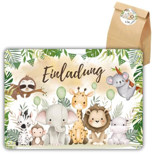 celebr8te 12x Dschungel Tiere Einladungskarten - Für den Kindergeburtstag von Jungen & Mädchen - Coole Partyeinladungen +12 Sticker +12 Geschenktüten