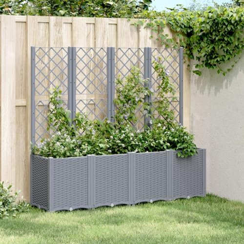 Gecheer Jardinière de jardin avec treillis gris bleu 160 x 40 x 140 cm PP,Jardinière de jardin, parterre surélevée, lit surélevé de jardin, jardinière, grand lit pour jardin surélevé, lit pour jardin