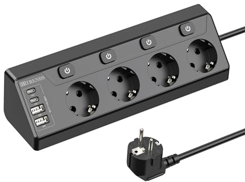 Ecksteckdose mit 2 Typ C und 2 USB A, 4 Fach Steckdosenleiste Einzeln Schaltbar Mehrfachsteckdose Wandmontage 2500W 16A Mehrfachstecker Küche Steckerleiste, 2M Kabel (Schwarz)