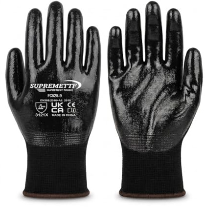 Supreme TTF 12 Pairs Oil Resistant Full NBR Coated Work Gloves Both Side Nitrile Coating Nylon Safety Grip (Large (Size 9))