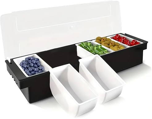 MEETOZ 6 Compartment Trays Detachable Topping Station, Fruit Veggie & Condiment Garnish Station with Lid for Pizza, Salad Bar, Bartending, Ice Cooled Condiment Serving Container for Home Restaurant