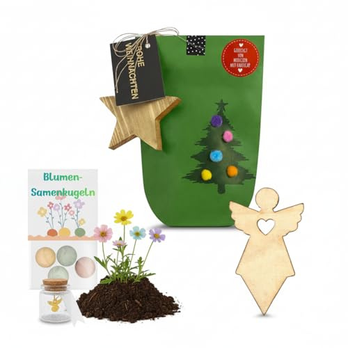 Alluvo Weihnachts Geschenkset mit Schutzengel Holzengel & Samenkugeln | Weihnachtsgeschenk mit Schutzengel im Glas, Holzengel, Stern und Blumen-Samenkugeln für Freunde und Familie