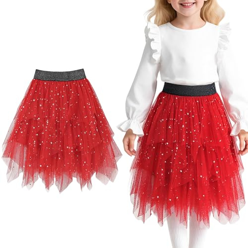 Baogaier Falda Tul Niñas, Elegante Lentejuelas Tutu Cintura Elástica Midifalda Bajo la Falda en Múltiples Capas Falda, Cumpleaños Party Carnaval Halloween Fiesta Disfraz 5-6 Años, Rojo