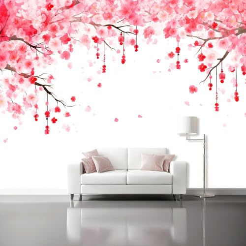 Carta da Parati Non Tessuta - Acquerello Fiori Fiori Di Ciliegio Carta da Parati Fotomurale 250 x 175 cm, Bianco Rosa Poster Decorativo Murale di Moda per Camera da Letto Soggiorno Sala da Pranzo