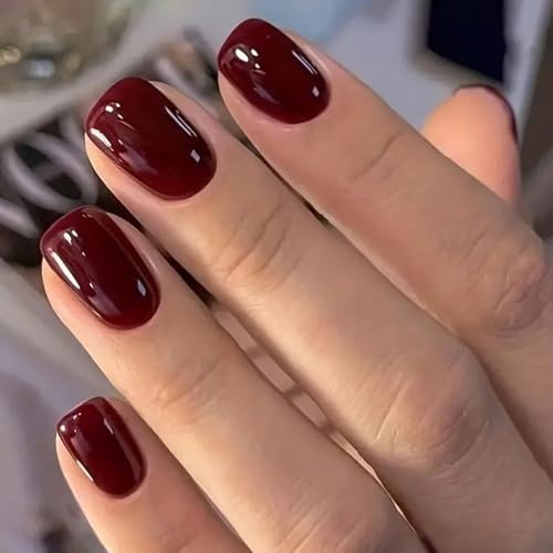 Viugex 24 Stück Fingernägel Zum Aufkleben, Weinrot Falsche Nägel Kurz Eckig, French Tips Press on Nails, Acryl Full Cover Klebenägel, Einfarbig Natürlich Künstliche Nägel für Frauen Mädchen Nail Art
