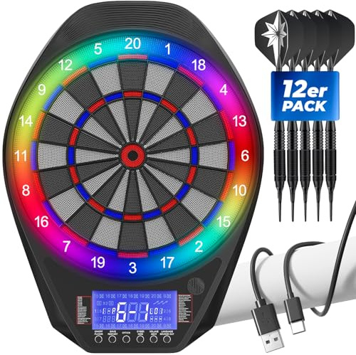 Elektronische Dartscheibe I Dartboard mit LED Beleuchteten Ziffern für Erwachsene I 12 Dartpfeilen & Ersatzspitzen I Geeignet für Partys und Spieleabende