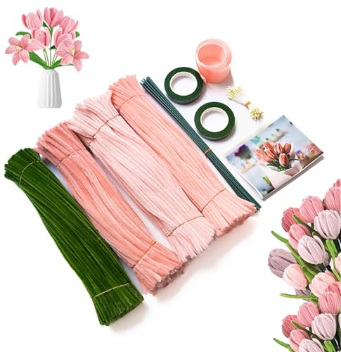400 stycken piprengörare blomset, piprengörare för pyssel, 4 färger piprensare blomset, med grön pysseltråd, presentband, blomband, dammblad, för gör-det-själv-hantverk, buketter