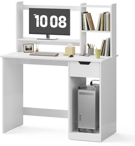 Mondeer Schreibtisch, Computertisch mit Verstellbares Monitorständer, Bürotisch mit Schublade 2 Regalen, für Arbeitszimmer Büro Schlafzimmer, 105 x 50 x 125 cm, Weiß