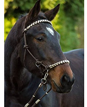 Barefoot Seneca Knoten-Kopfstück 3-in-1 – Knotenhalfter & Reithalfter für Bodenarbeit, gebissloses Reiten oder mit Gebiss – mit Rohhaut & Horse-Hair-Tassel – Größe 1 Pony