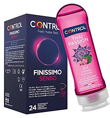 Control Condoms Senso e Thai Passion Massage Gel - Confezione di cofanetto di 24 preservativi sottili 0,06mm e un gel massaggio idratante, 200 ml