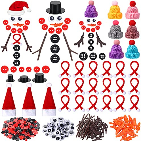 Aoriher Schneemann DIY Bastelset 450 Stücke mit Hüte Augen Nasen Knöpfe | Für Weihnachten, enthalten sind Zweige, Hände, gestrickte Schals, Karottennasen, Kunststoffaugen und schwarz-rote Knöpfe