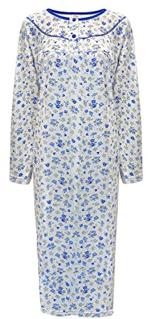 i-Smalls Women's Thermal Nightdress - 100% Brushed Cotton Flannelette Nightie - Long Sleeve Floral Winceyette Nightwear - Plus Size Ladies Nightdress - Sizes M to 3XL - (XXL) Blue