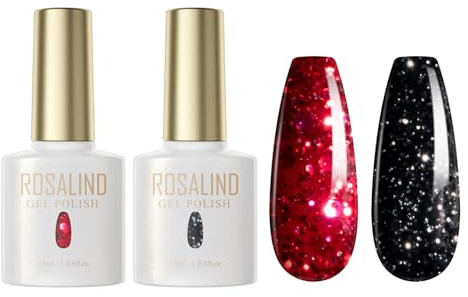 ROSALIND Smalto Semipermanente per Unghie Nero Rosso Glitter 15ml UV LED Soak Off Smalti Semipermanenti per Unghie Gel Polish Manicure Nail Art Kit
