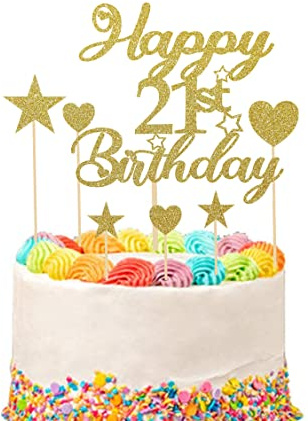 Happy 21st Birthday Cake Topper Set With Heart Star Cupcake Picks - 9pcs Glitter Decoration for Party Cake Supplies (Gold)