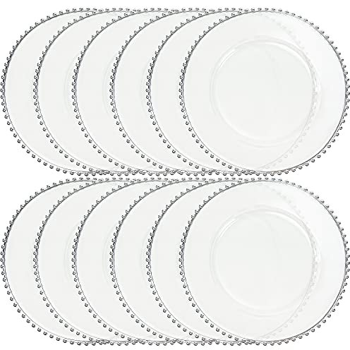 Maiangel Acrylic Charger Plates 13 Bulk Wedding Set of 12, Round Plastic With Beaded Rim Clear Decorative Dinner Plates For Table Setting Events (Silver Bead)