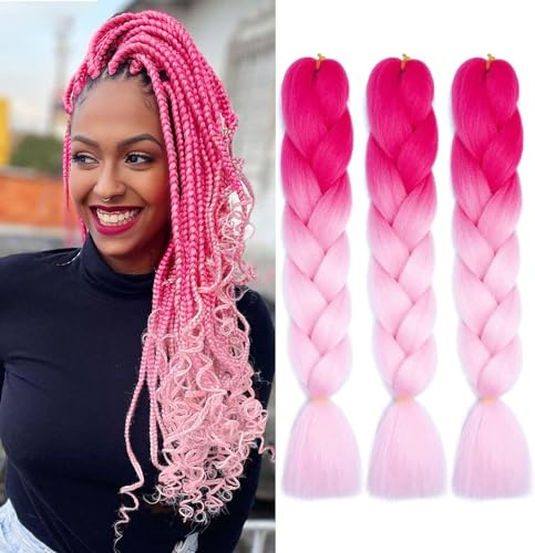 PORSMEER Braids Extension,Jumbo Braids Haarverlängerung, kanekalon kunsthaar hair 3 Packs Hair Extensions for Twist Crochet kunsthaar zum einflechten 24 Zoll,Rot/Rosa