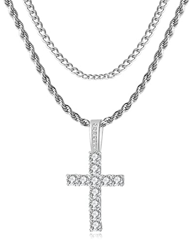 GEMOSA Cross Chain for Men 14K Gold Silver Plated Solid Iced Out 5A+ Cubic Zirconia Stainless Steel Cuban Link rope Layered Chains 16-24 Inch Large Cross Diamond Pendant Nceklace Jewelry Gifts