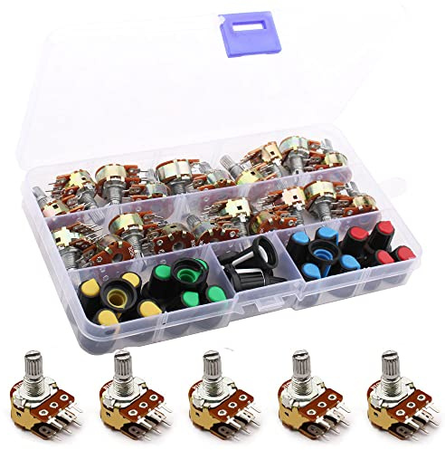 RUNCCI-YUN 20 Potenciómetro rotativo con tuerca y arandela, WH148, eje de 6 pines, ajustable 3 terminales B-Tipo giratorio, potenciómetro con pomo para gorra (B5K B10K B20K B50K B100K)