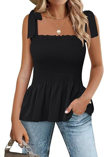Micoson Women Cute Summer Tops Tie Shoulder Tank Top Smocked Shirts Black XL