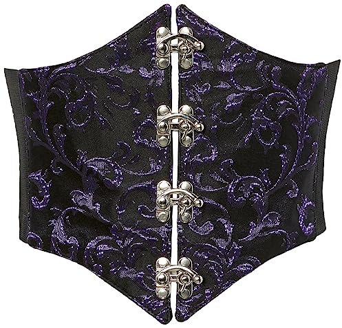 Lavish Dark Crushed Velvet Corset Belt Cincher w/Clasps, Schwarz/Violett, X-Large