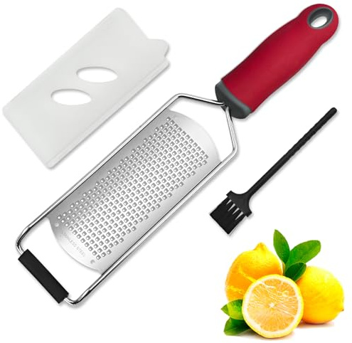 ISZW Kitchen Professional Cheese Grater - Stainless Steel Metal Lemon Zester Grater With Handle&Protective Cover, Flat Handheld Grater For Cheese Citrus Ginger Garlic Nutmeg Chocolate Spices, Red