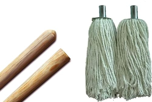 Best House 2 Pcs Pine Wood Mop Stick, Handle for Mop Head - (1.2 Metres x 22mm) + 2 Pcs Cotton 14 Ply Metal Socket Mops Head - 250g for Floor Cleaning/Sweeping in Home/Office