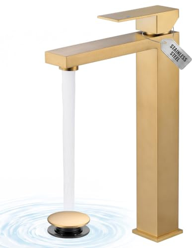 ARCORA Vessel Sink Faucet Brushed Gold, Single Handle Tall Bathroom Faucet, Single Hole Lavatory Vanity Mixer Tap with Pop Up Drain and Supply Lines