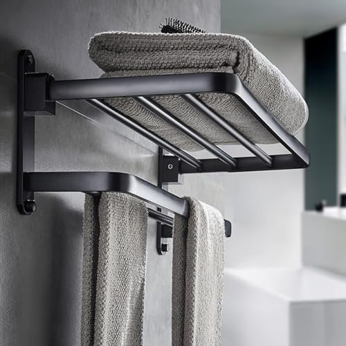 Cheerhom Toalleros de Baño,Toallero Pared 2 Niveles Colgador Toalla Baño Plegable de Acero Inoxidable Toalleros de Baño para Ducha y Cocina, Diseño Resistente a la Oxidación, Negro (56 X 21 X 17CM)