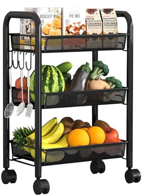 HYPIQQ Aufbewahrungswagen Mit Rollen KüChenwagen Auf Rollen Rollwagen KüChe Metall Bathroom Cart Nischenwagen 25 cm Breit，Badrollwagen Mit 4 Haken Und BremsräDern,Schwarz,3 Tier