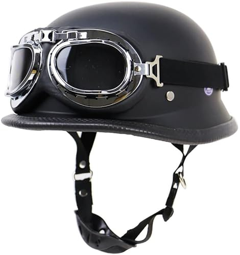 EBAYIN Casco Moto retrò Stile Tedesco Casco Moto Casco Mezza Calotta Casco Jet Vintage DOT ECE Omologato Uomo Donna Casco Ciclomotore Casco Scooter con Occhiali(Matt Black,S=(55~56cm))