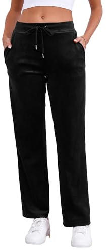 Pescool Velour Pants for Women, Straight Leg Womens Velour Sweatpants, Velvet Wide Leg Lounge Pants for Women with Pockets (Black, M)