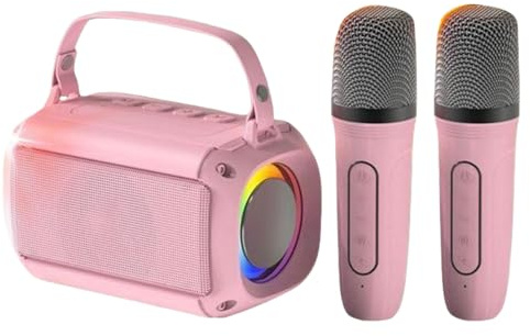 Microfono wireless Karaoke Bluetooth portatile due microfoni per bambini e adulti, luci LED, lettore musicale, altoparlanti, scheda TF, USB, connettività AUX (rosa (2 microfoni))