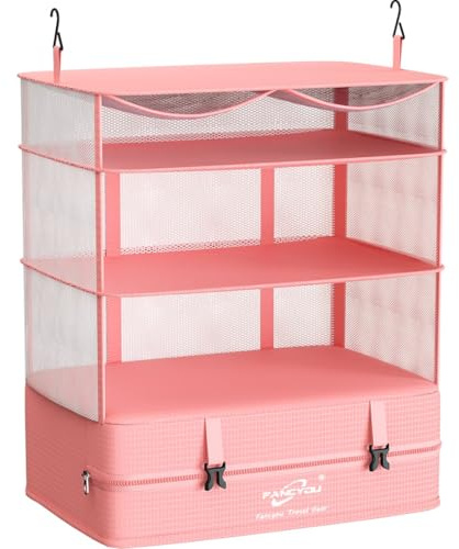 Fancyou Hängande hinkar för att organisera bagage, uppgraderad bärbar garderob i nylontyg, 44 x 30 x 65 cm, kompression för förpackning och uppackning i ett steg för affärsresor (rosa)