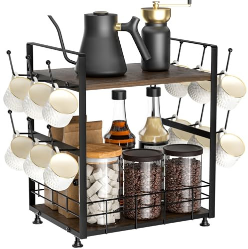 Organizer per tazze da caffè a 2 livelli, 12 ganci, stazione di appoggio, salvaspazio, montaggio a parete, per tazze, cialde di caffè, sacchetti di zucchero, condimenti per caffè, tè, bar cucina