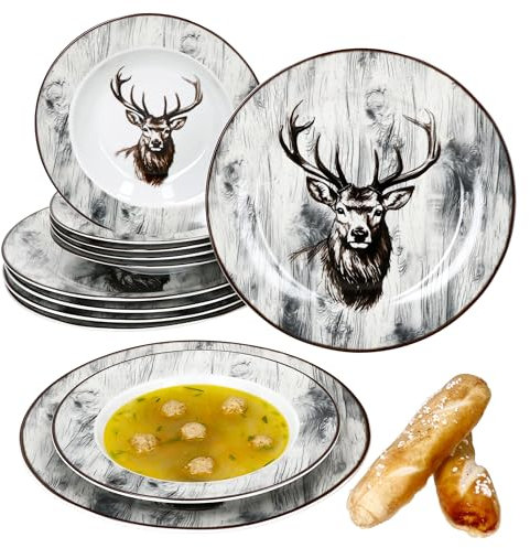 MamboCat Alois - Servizio da tavola da 12 pezzi, in porcellana con decorazione di cervi per 6 persone, 6 piatti fondi e 6 piatti piani per colazione, pranzo e pane