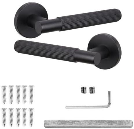 Decoranddecor Hera Matt Black Door Handles Internal, Knurled Round Rose | Black Knurled Handle Set, Spare Replacement Pair, Interior Lever Handles, Bedroom Office Doors, Indoor Handle Sets