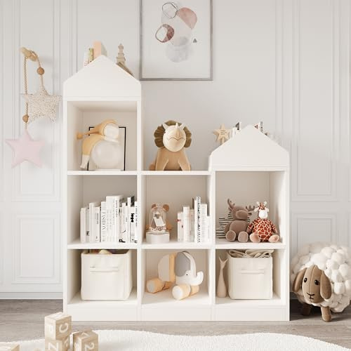 Litake Spielzeugregal Kinderregal mit 9 Fächern, Bücherregal Kinder und Spielzeugregal 2-in-1 Spielhaus Kleinkinder Spielzeug Organizer Viel Stauraum Weiß 92 x 30 x 108 cm