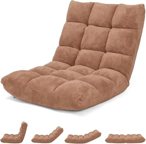 FANTASK Silla de Suelo con Respaldo Ajustable, cojín de Suelo Plegable en Color Beige Acolchado, Silla de meditación, sillón de Relax para Ocio y Yoga