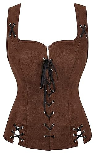 Gilet sans manche femme steampunk retro costume moyen age grande taille corsage à lacets deguisement pirate adulte cosplay pour halloween carnaval corset bustier medieval vintage (Coffee, L)