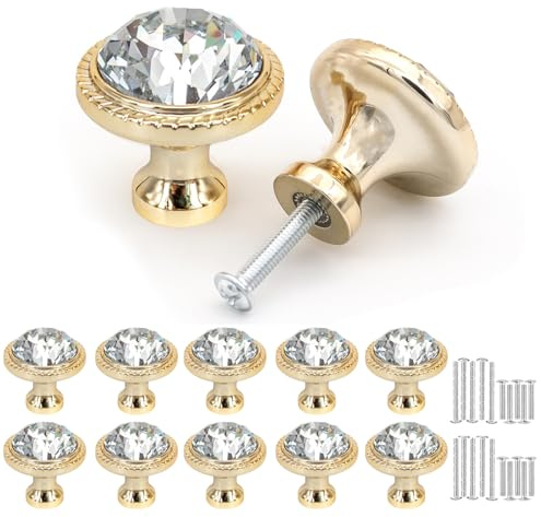 Misuyue Möbelknöpfe Vintage, Schick Kristall Schrankknöpfe, Gold 10pcs | Kristallglas Schubladenknöpfe, Knöpfe für Schränke, Möbel, Küchenschränke, Kleiderschrank