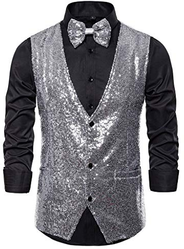 Anzugweste für Herren Glitzer Weste mit Fliege Set Ärmellos Anzugwesten V-Ausschnitt Blazer Pailletten Sakko Glänzende Herrenjacke Anzug Westen Karneval Kostüm für Hochzeit Party Glitzer Outfit