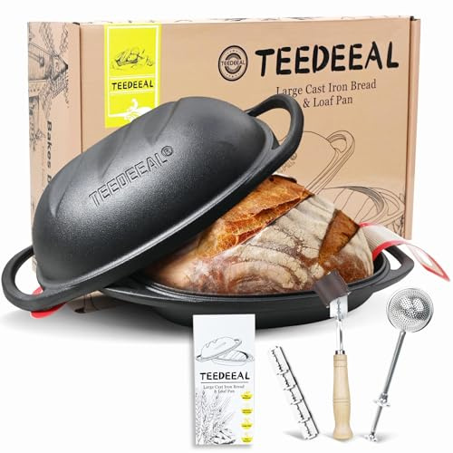 TEEDEEAL Heavy Duty Pre-seasoned Cast Iron Bread Pan, Large Loaf Dutch Oven with Lid, Sourdough Bread Baking Pan