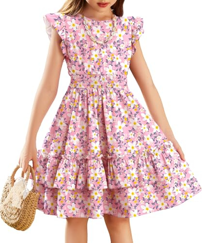 Arshiner Niñas Vestido Mangas Voladoras Verano Niños Algodón Vestido Ocio A-Line Elegante Swing Vestidos de Fiesta para Niñas 9-10 Años Rosa y Flor
