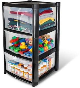 ORGANIZED® Large 3 Drawer Plastic Storage Tower Black - Multipurpose Storage For Home | Office | Garage | School | Children's Toys | Stationary