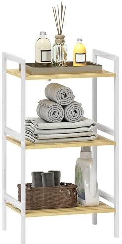 HOMCOM 3-Tier Bamboo Bathroom Storage Shelf, Freestanding Shelving Unit with Adjustable Rack for Kitchen Bathroom Living Room, Natural and White