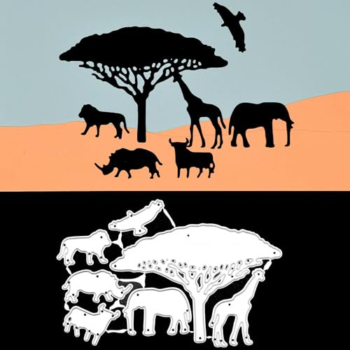 7 Safari African Themed Metal Cutting Dies, Elephant, Lion, Rhino, Giraffe, Wilder Beast, Vulture & Acacia Tree, Card Making Scrapbooking F6