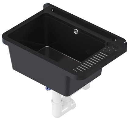 QLS Ausgussbecken 50x34 cm aus Kunststoff mit Siphon Garage Werkstatt (Schwarz)