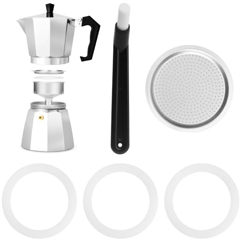 DAWRIS Lot de joints de rechange en silicone pour cafetière à expresso 3 tasses avec insert en aluminium, joints d'étanchéité pour cafetières, 3 joints d'étanchéité, 1 filtre de rechange, brosse à