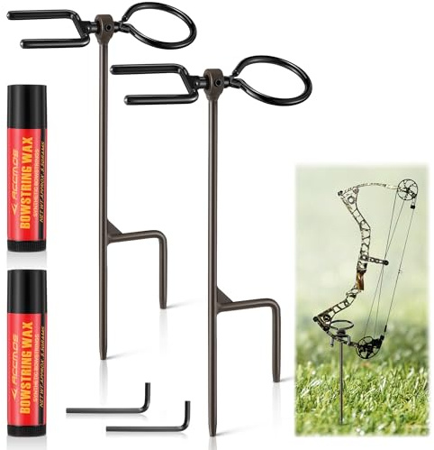 HappyAlley 2 Pack High Performance Portable Archer's Ground Bow Stake with Bowstring Wax, Durable and Versatile, Includes 360° Rotating Fork and Arrow Ring